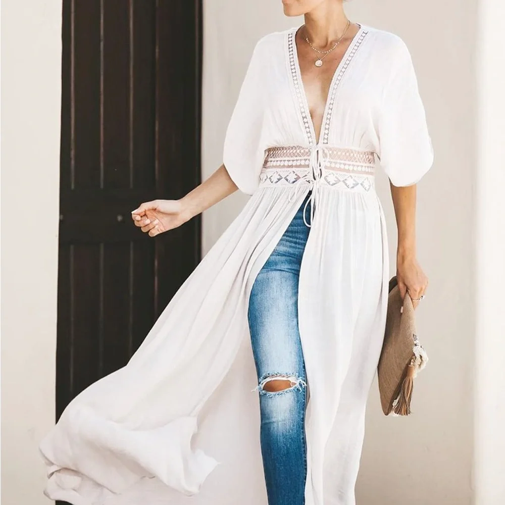 White Bohemian Maxi wrap boho Beach cover up long kimono cardigan Dress